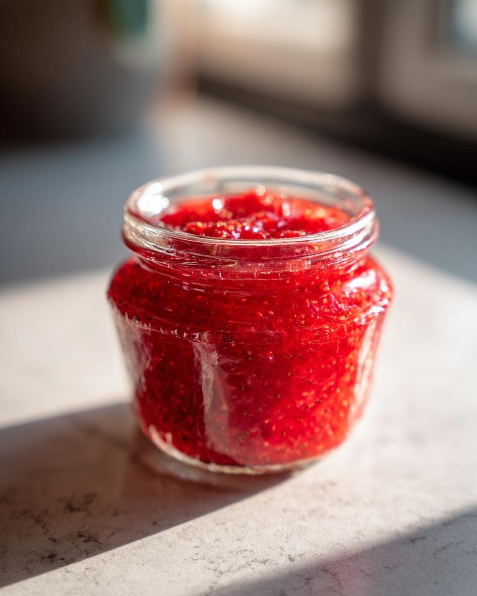 A small glass jar filled with vibrant, chunky strawberry freezer jam, illuminated by sunlight.