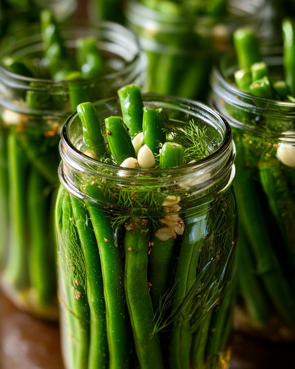 Close-up of fresh green beans being preserved in a glass jar to make dilly beans, with visible dill and garlic cloves.