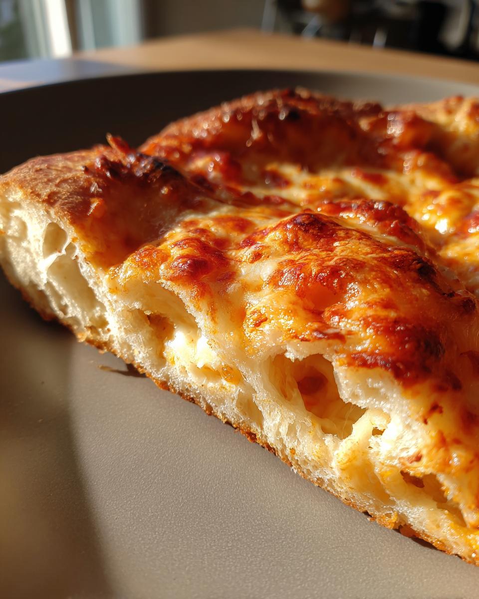 Close-up of a thick slice showing the airy interior of the keto pizza crust topped with melted, browned cheese.