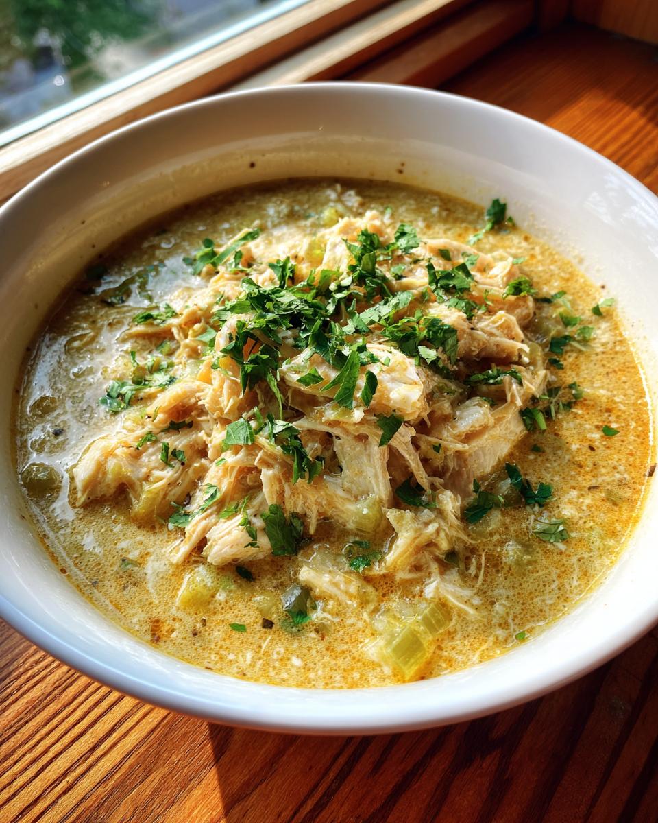 A close-up of a creamy bowl of keto white chicken chili topped with shredded chicken and fresh parsley.