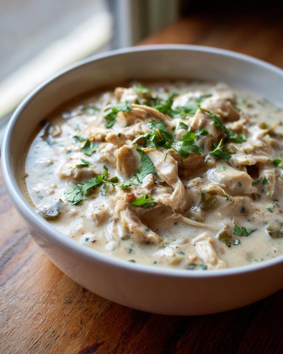 A close-up of a white bowl filled with creamy keto white chicken chili, topped with fresh cilantro.