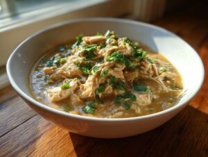 A close-up of a bowl of rich, creamy keto white chicken chili topped generously with fresh chopped cilantro.