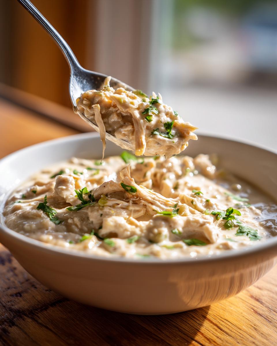 A spoonful of creamy keto white chicken chili, featuring shredded chicken and green herbs, lifted from a white bowl.