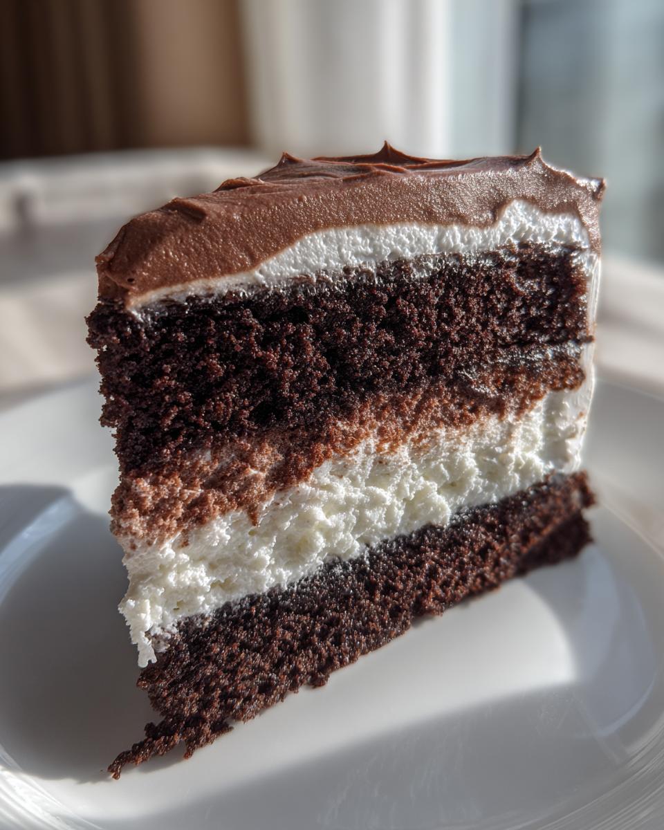 A tall slice of layered chocolate Italian love cake featuring dark cake, white filling, and chocolate frosting.