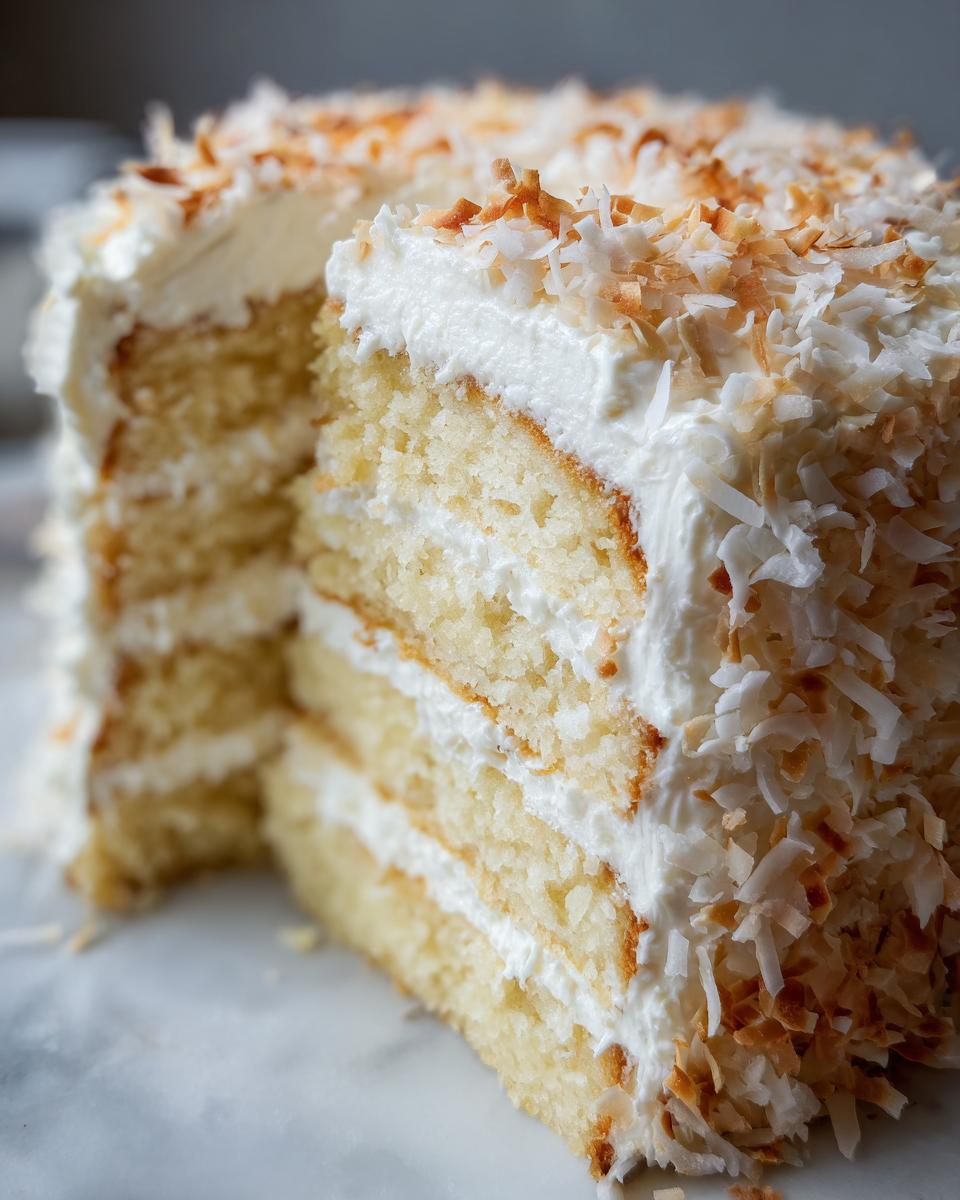 Close-up of a multi-layered coconut cake with thick cream cheese frosting and toasted coconut flakes.
