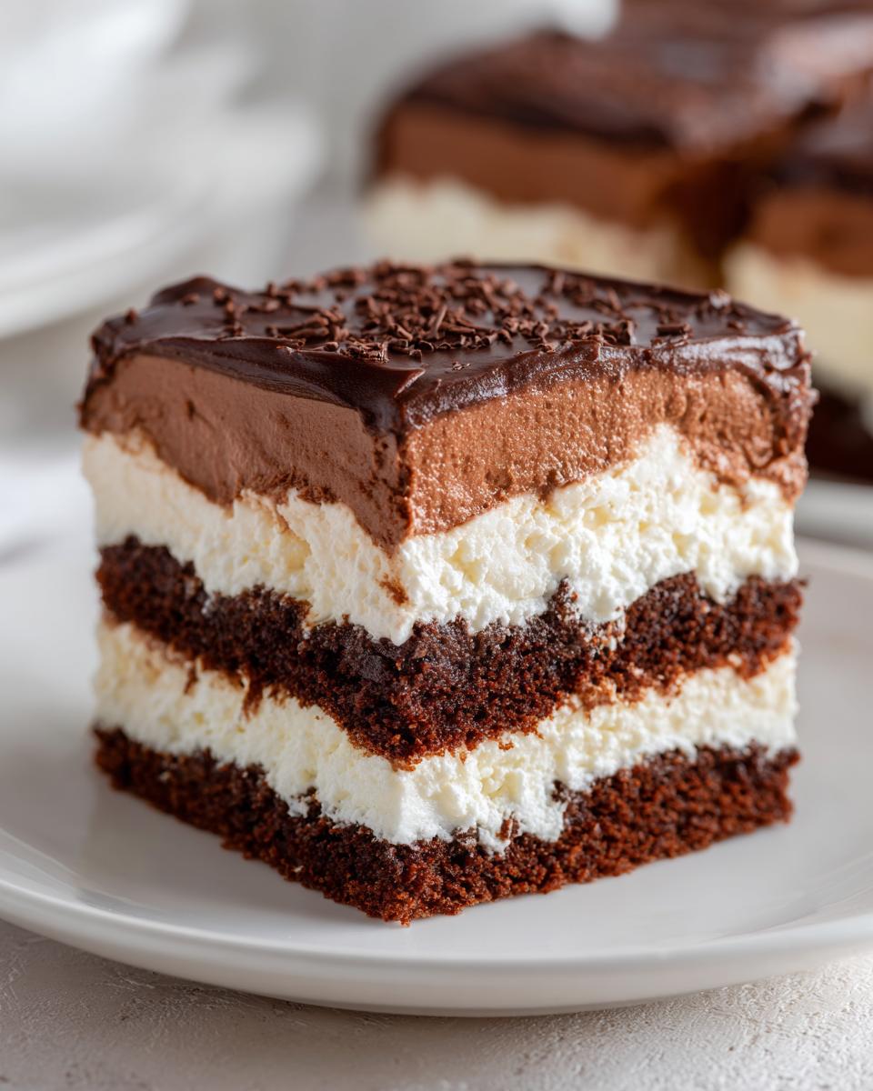 Close-up of a layered slice of amazing Italian Love Cake with chocolate cake, white cream, and chocolate mousse topping.