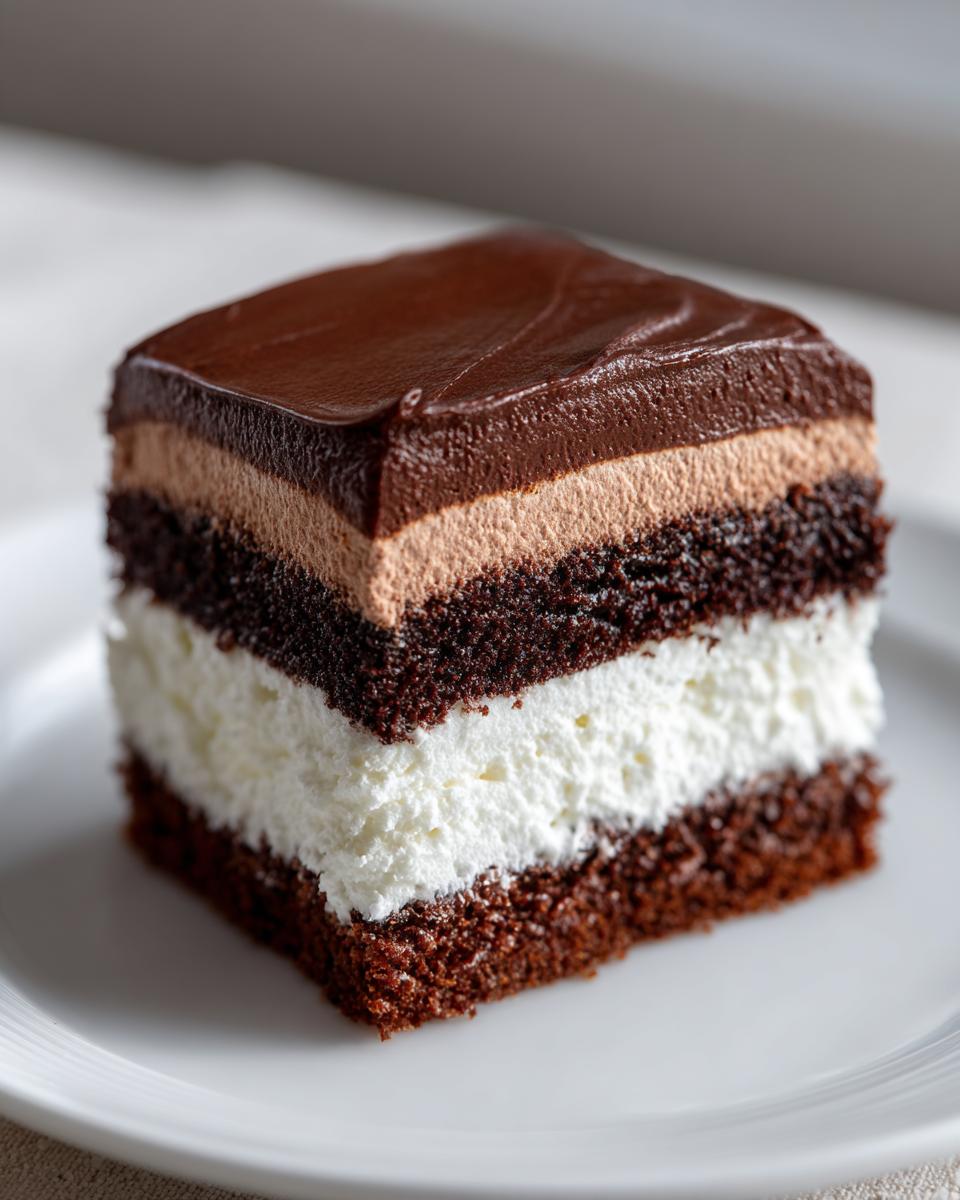 Close-up of a square slice of rich Italian love cake featuring layers of dark chocolate cake, white cream, and chocolate mousse.