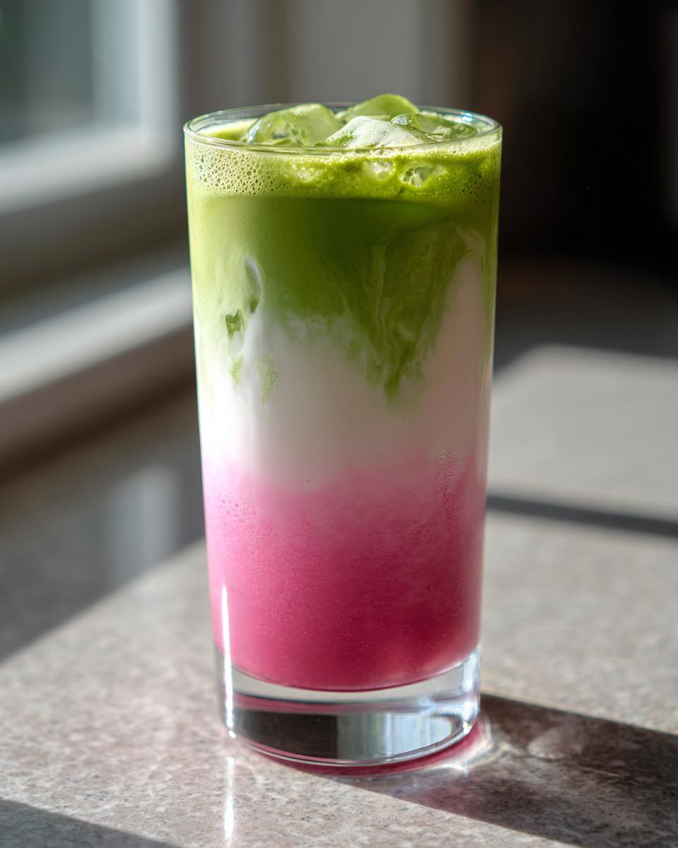 A tall glass showing a layered strawberry matcha drink with bright pink, white, and green layers over ice.