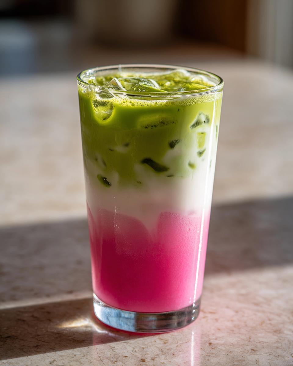 Close-up of a layered iced strawberry matcha drink showing bright pink, white milk, and green matcha layers.