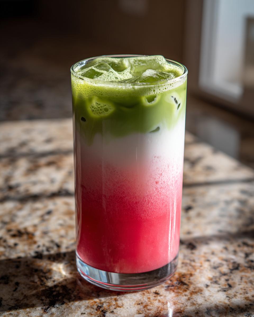 A tall glass showing a layered strawberry matcha drink with bright red, white, and green layers over ice.
