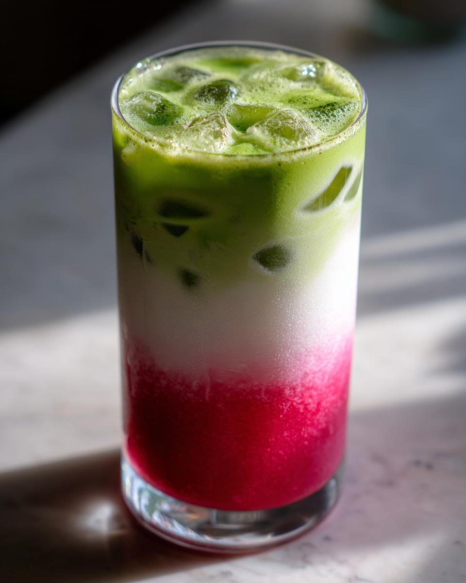 A tall glass showing a layered strawberry matcha drink with bright red puree, white milk, and green matcha foam over ice.