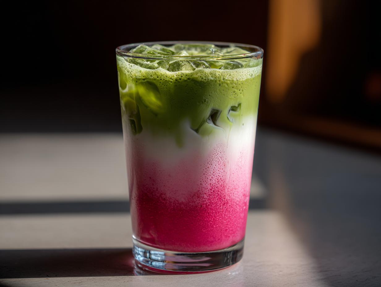 Close-up of a tall glass featuring a layered strawberry matcha drink with bright pink, white, and green layers over ice.