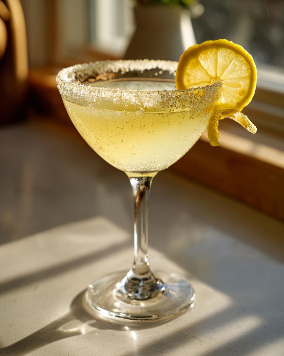 A bright yellow lemon drop martini in a sugar-rimmed coupe glass, garnished with a lemon wheel.