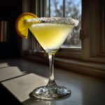 A frosty lemon drop martini in a coupe glass with a thick sugar rim and an orange slice garnish.