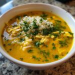 A close-up of a bowl of vibrant yellow Lemon Ginger Turmeric Chicken and Rice Soup topped with white rice and fresh parsley.