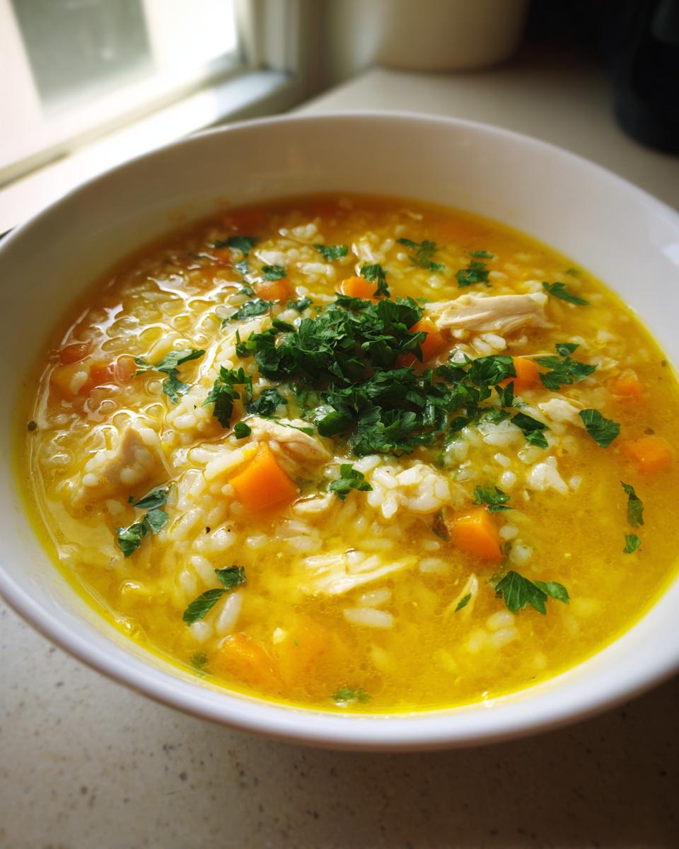 Close-up of a white bowl filled with vibrant yellow Lemon Ginger Turmeric Chicken and Rice Soup, topped with fresh parsley.