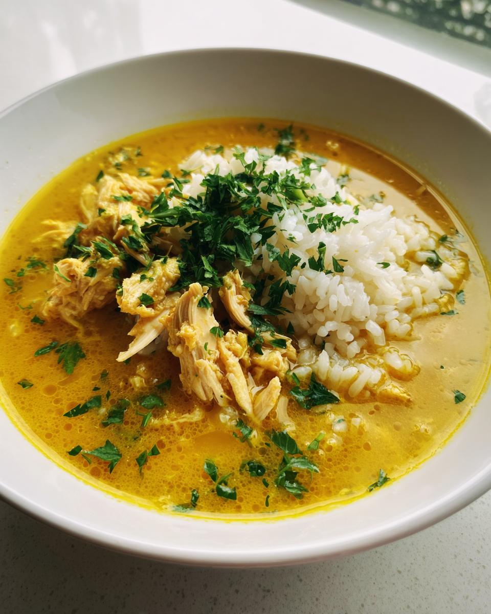 A vibrant bowl of Lemon Ginger Turmeric Chicken and Rice Soup topped with shredded chicken, white rice, and fresh parsley.