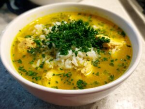 Close-up of a vibrant yellow Lemon Ginger Turmeric Chicken and Rice Soup topped with white rice and fresh parsley.