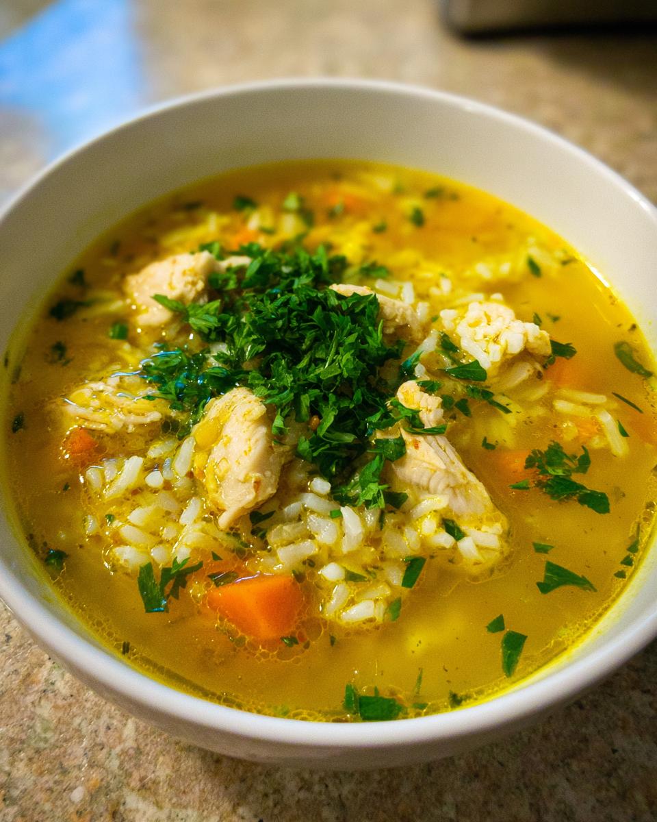 Close-up of a white bowl filled with vibrant yellow Lemon Ginger Turmeric Chicken and Rice Soup, topped with fresh parsley.