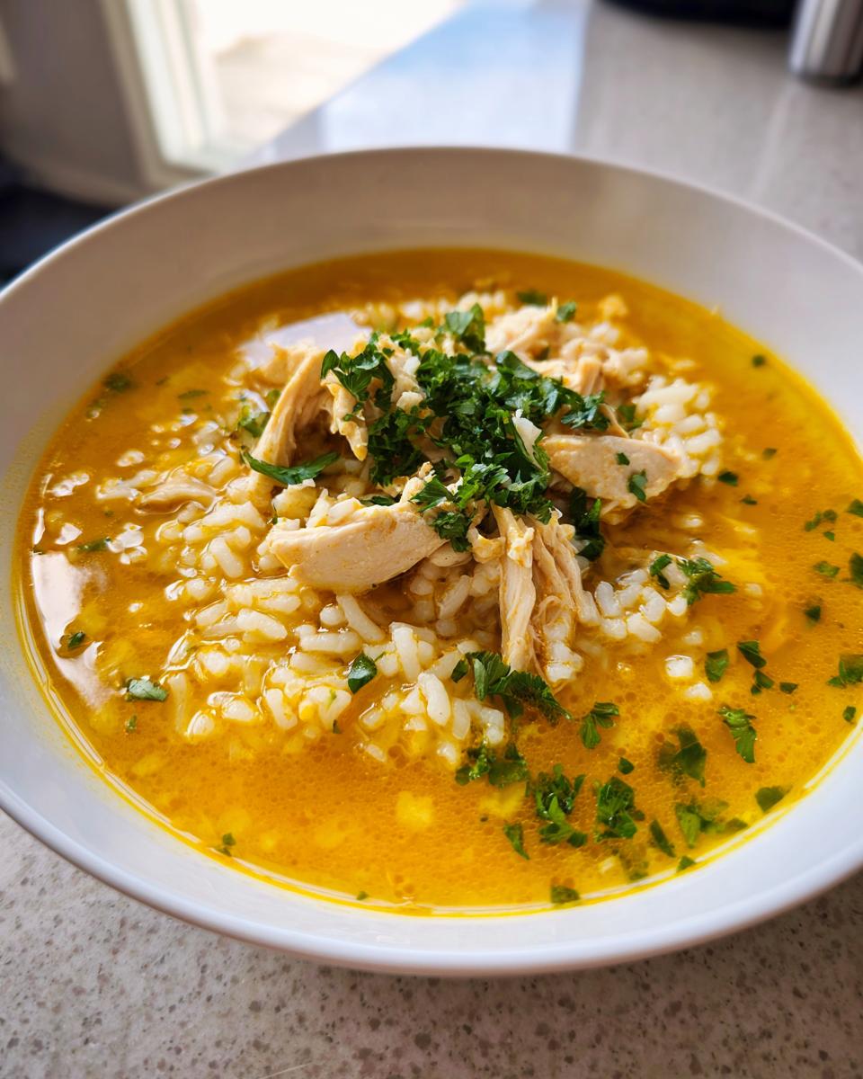 Close-up of a white bowl filled with bright yellow Lemon Ginger Turmeric Chicken and Rice Soup, topped with shredded chicken and fresh parsley.