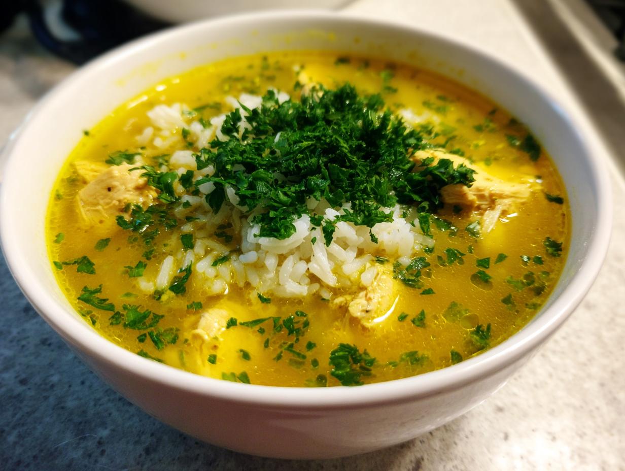 Close-up of a vibrant yellow Lemon Ginger Turmeric Chicken and Rice Soup topped with white rice and fresh parsley.