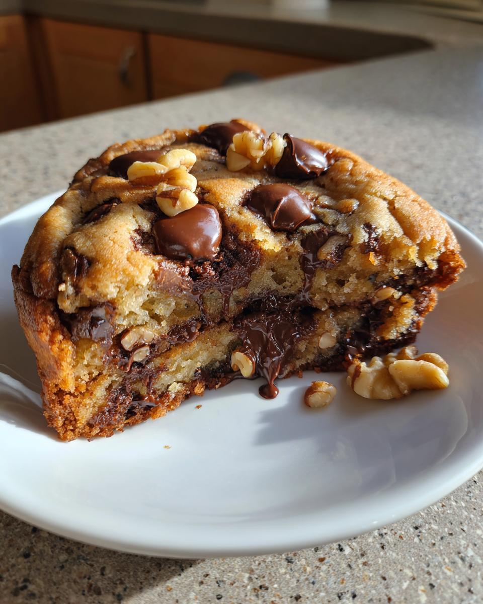 Close-up of a thick, gooey levain bakery chocolate chip cookie cut in half, showing melted chocolate and walnuts.