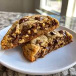 Two halves of a thick, gooey levain bakery chocolate chip cookie showing melted chocolate and walnuts.