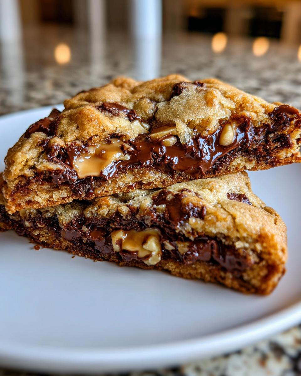 Close-up of a levain bakery chocolate chip cookie cut in half, revealing melted chocolate, caramel, and walnuts inside.