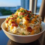 A generous bowl of loaded mashed potatoes topped with melted cheddar cheese, crispy bacon bits, and fresh chives.