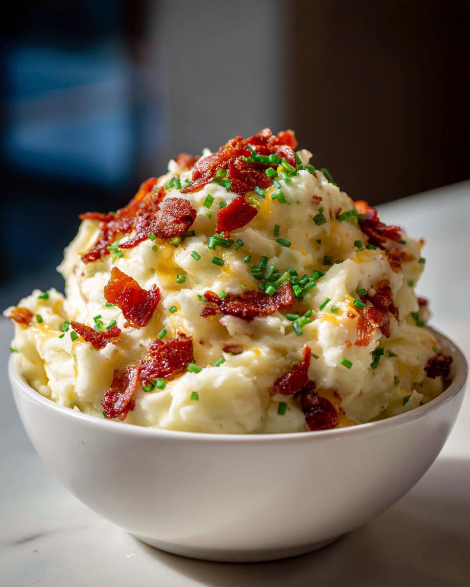A generous serving of loaded mashed potatoes topped with crispy bacon bits and fresh chopped chives in a white bowl.