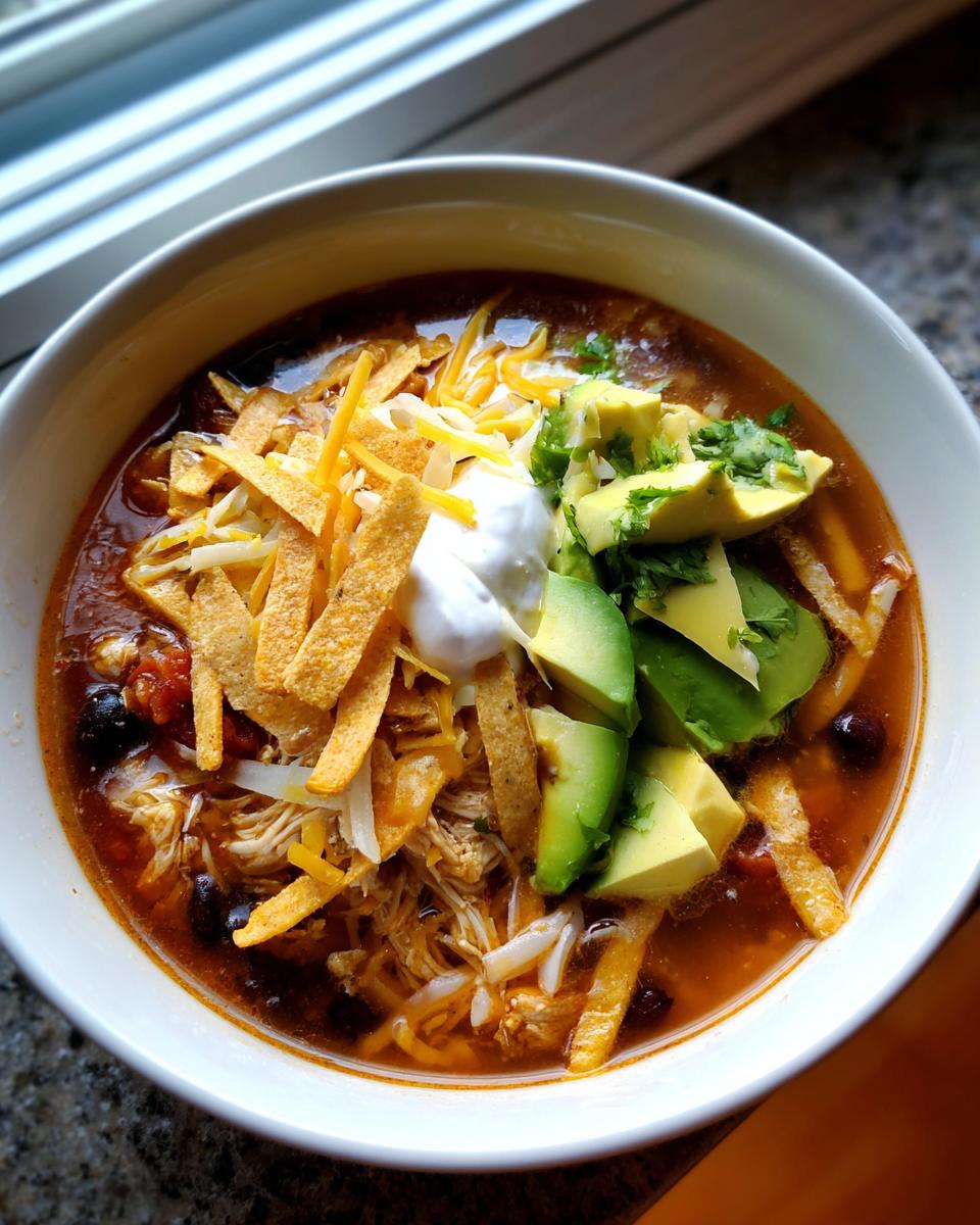 A close-up of a hearty bowl of tortilla soup recipe topped with shredded chicken, black beans, cheese, avocado, sour cream, and tortilla strips.
