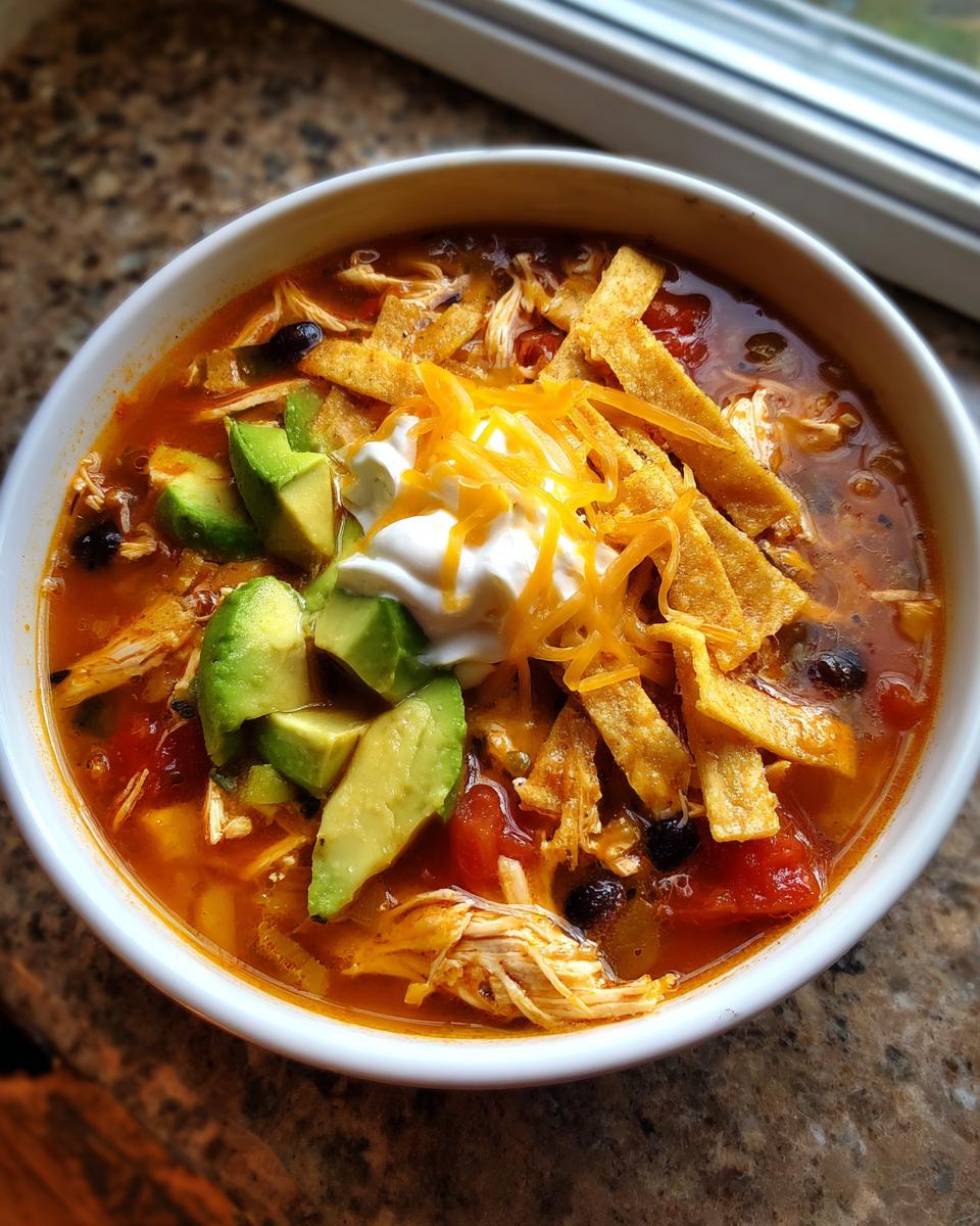 A close-up of a hearty bowl of tortilla soup recipe, topped with avocado, sour cream, cheese, and tortilla strips.