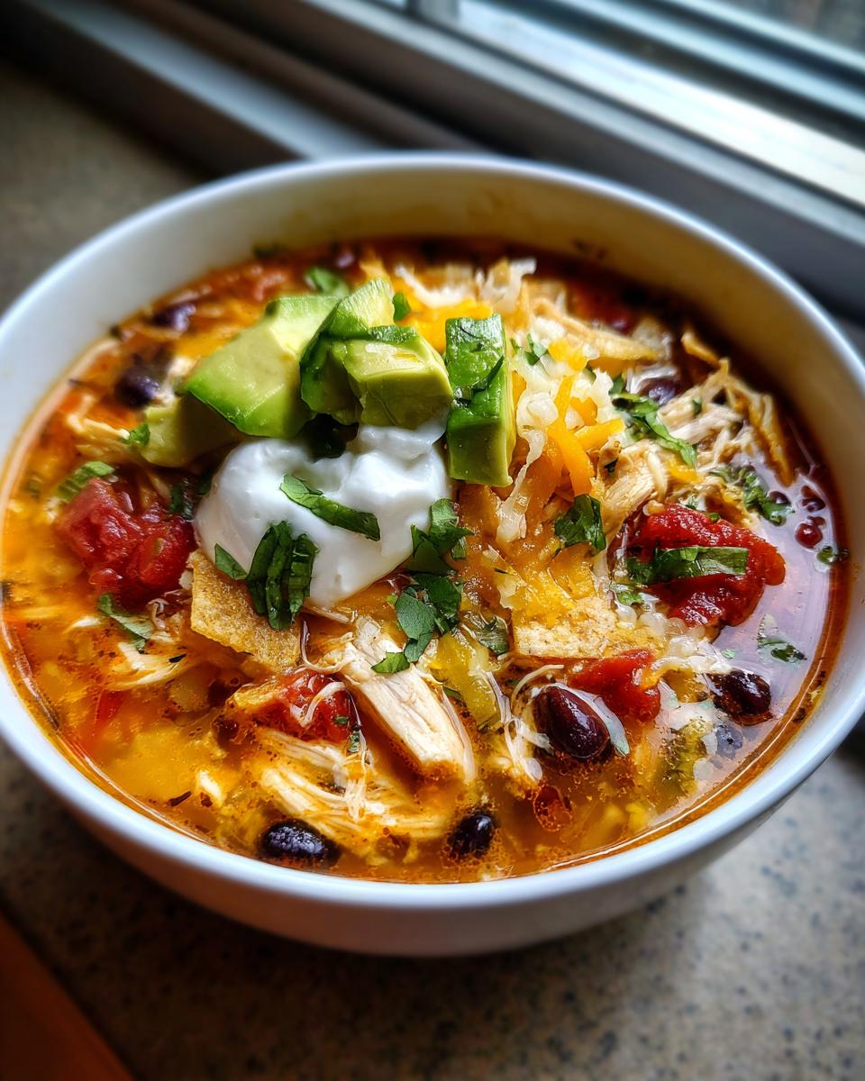 A vibrant bowl of chicken tortilla soup recipe topped with avocado, sour cream, cheese, and cilantro.