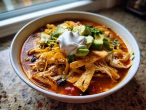 A close-up of a hearty bowl of chicken tortilla soup recipe topped with avocado, sour cream, cheese, and tortilla strips.