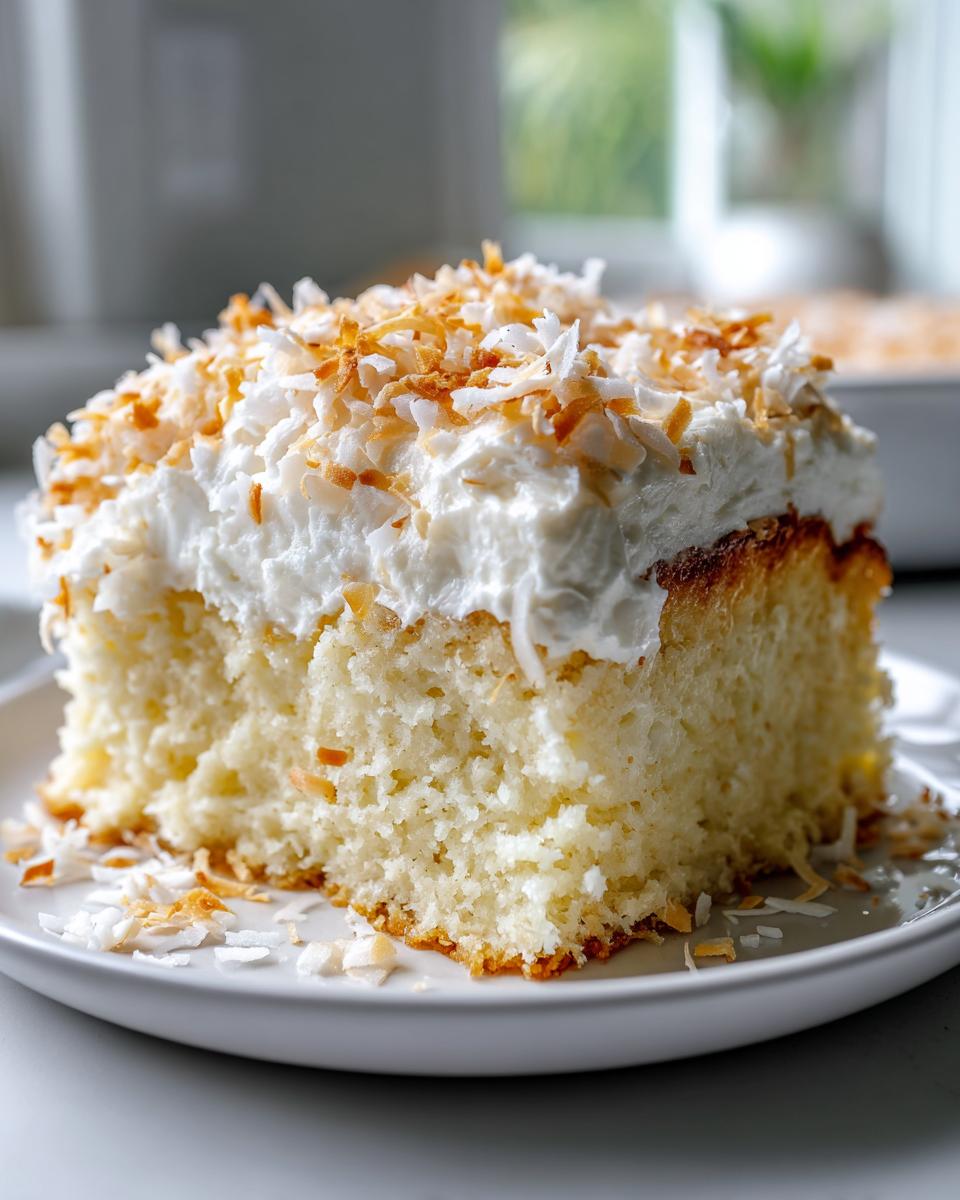 Close-up of a moist slice of coconut poke cake topped with whipped cream and toasted coconut flakes.
