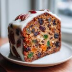Close-up of a moist slice of fruit cake recipe, loaded with dried fruits and topped with white icing and pecans.