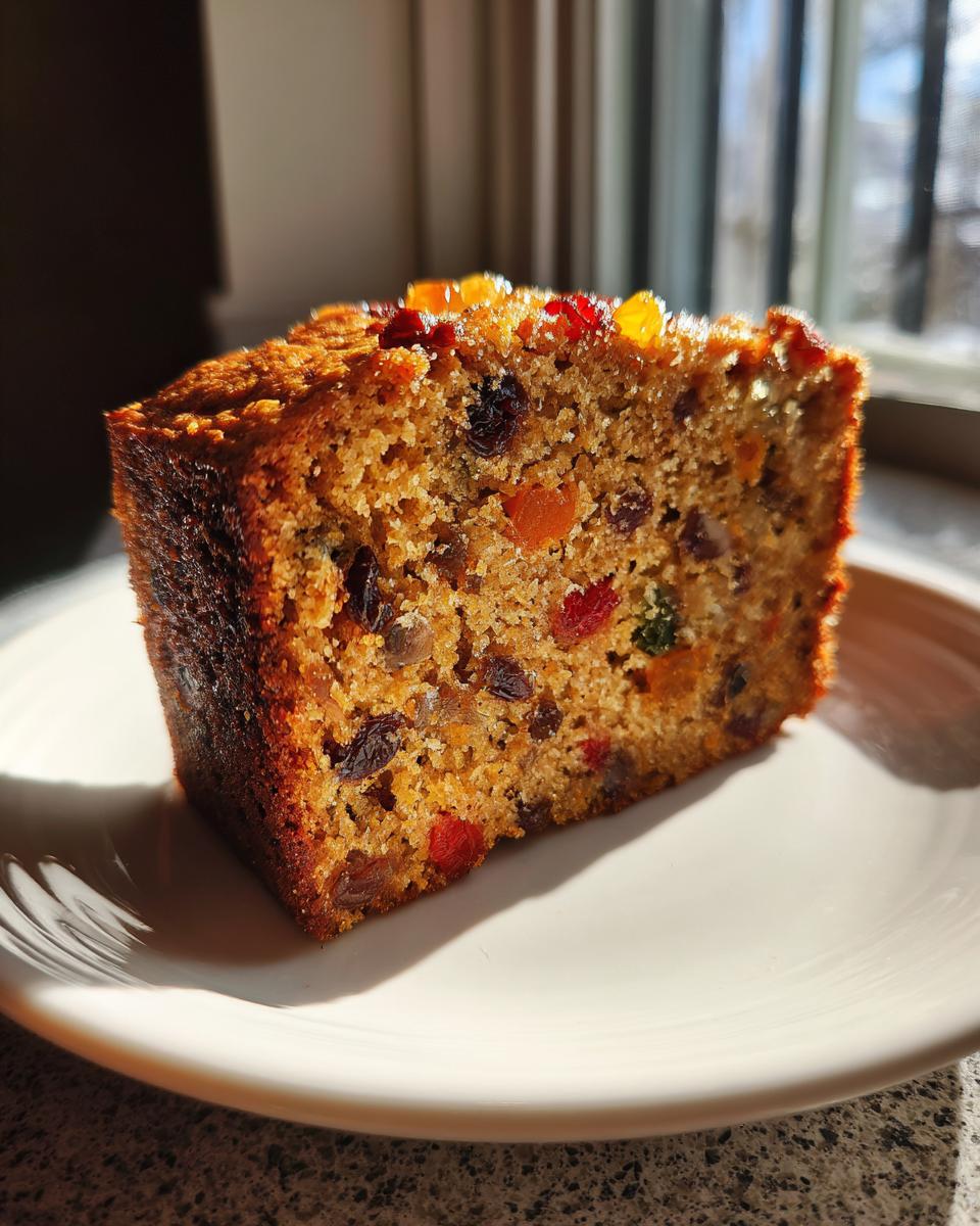 Close-up of a moist slice of fruit cake recipe, packed with colorful dried and candied fruits, sitting on a white plate.