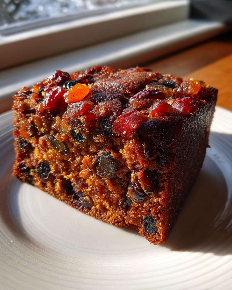 Close-up of a rich, moist slice of fruit cake recipe packed with dried and candied fruits.