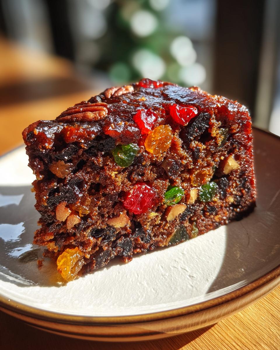 Close-up of a rich, dark slice of moist fruit cake recipe, studded with candied fruit and pecans, glistening in sunlight.