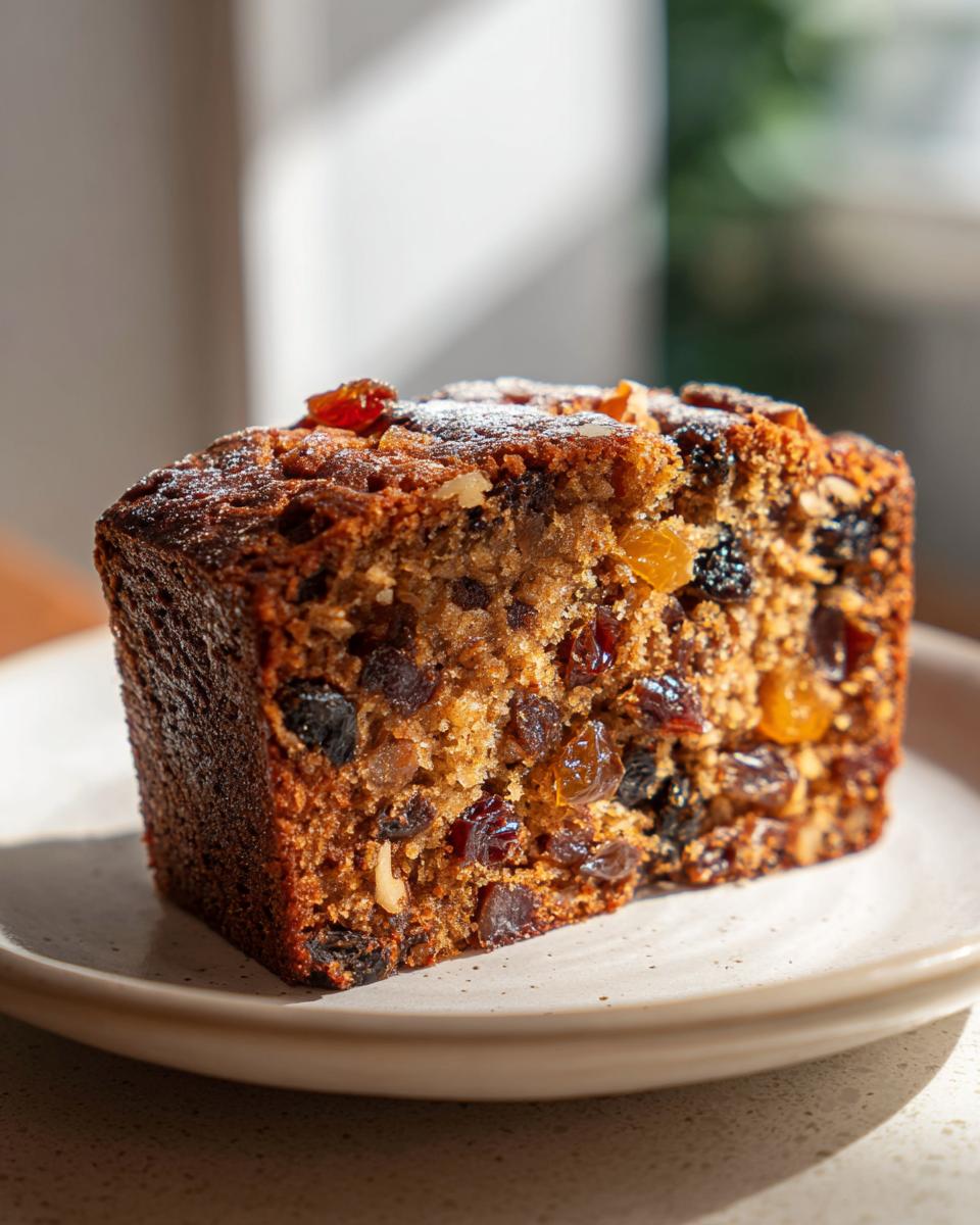 Close-up of a moist slice of fruit cake recipe, packed with dried fruits and nuts, dusted with powdered sugar.