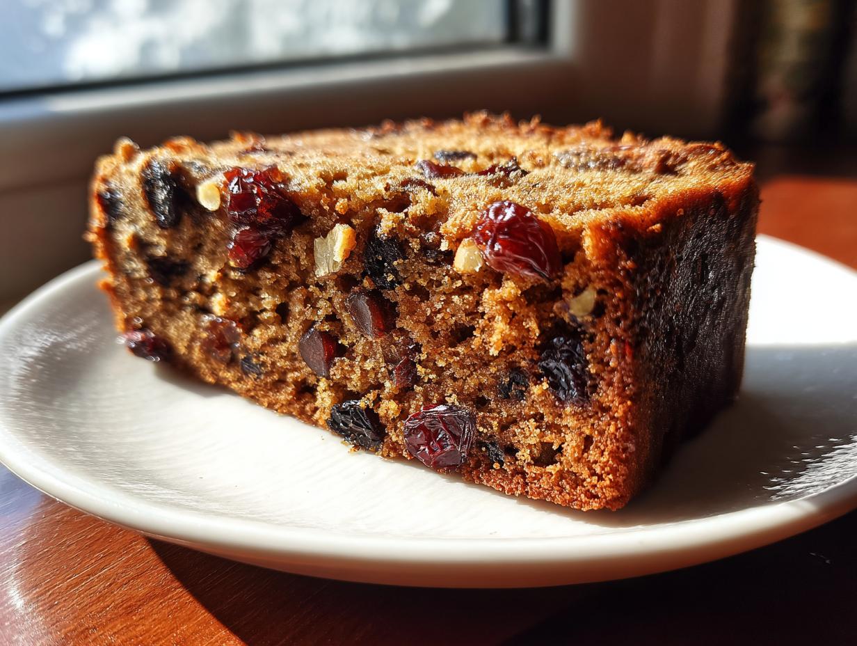 Close-up of a moist slice of fruit cake recipe, packed with dried cranberries and nuts, sitting on a white plate.