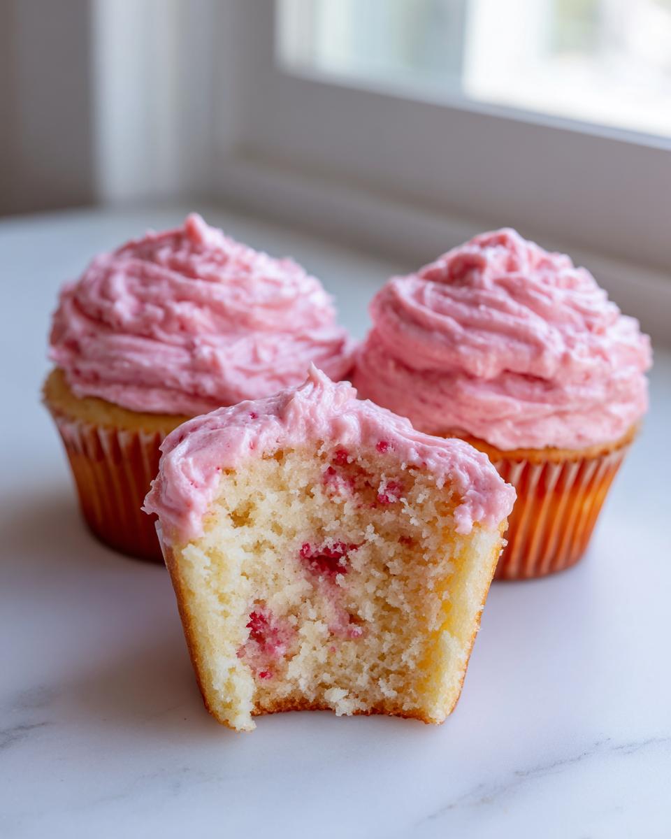 Close-up of a bitten strawberry cupcake showing moist interior with fruit pieces, next to two whole strawberry cupcakes.