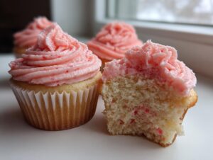 Close-up of moist strawberry cupcakes, one bitten, showing pink strawberry frosting swirls.