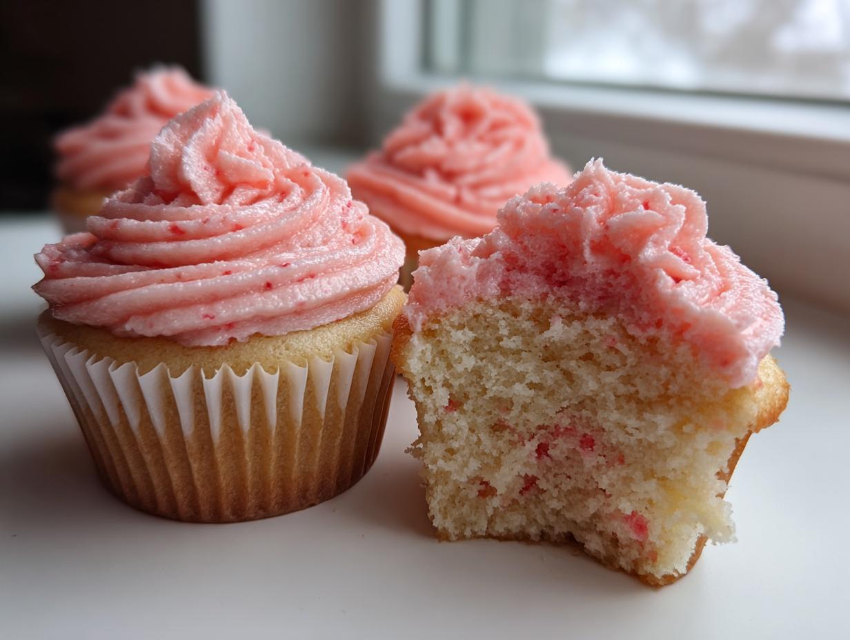 Close-up of moist strawberry cupcakes, one bitten, showing pink strawberry frosting swirls.