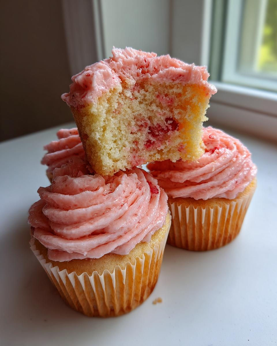 Close-up of moist strawberry cupcakes with pink frosting, one cut open showing the fruit pieces inside.