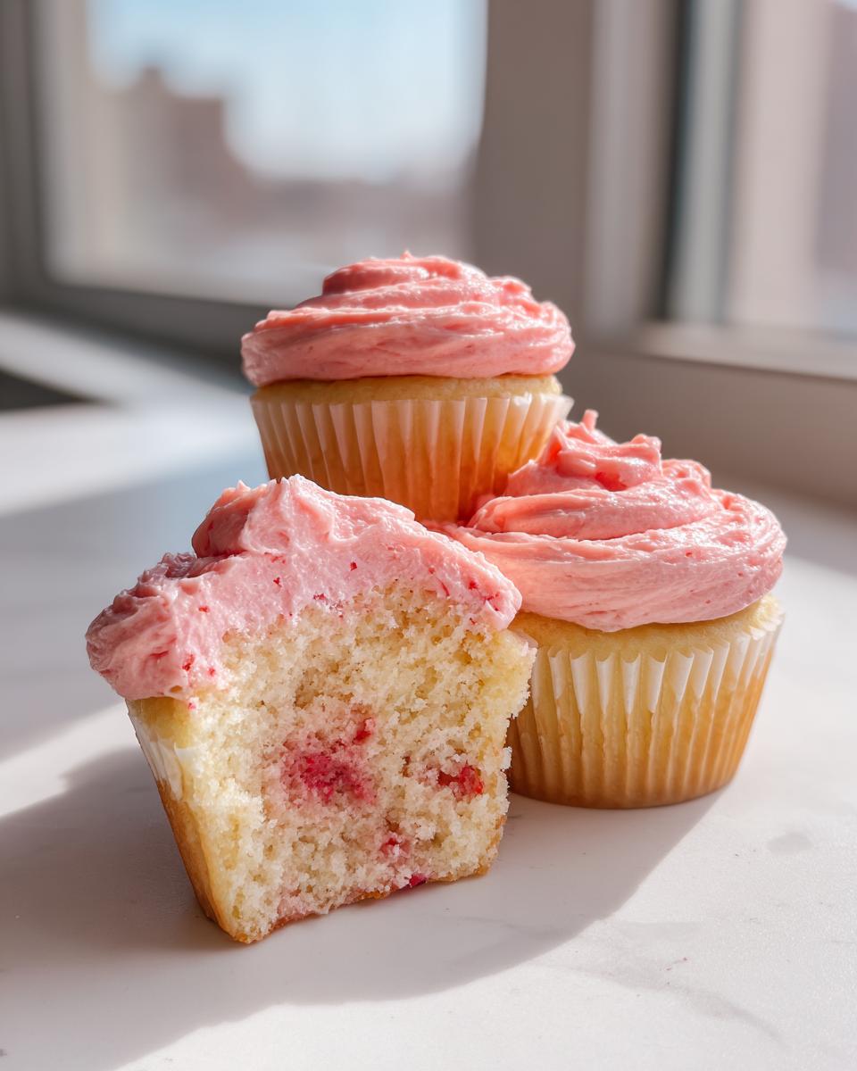 Close-up of moist strawberry cupcakes, one cut in half showing the cake texture and pink frosting.