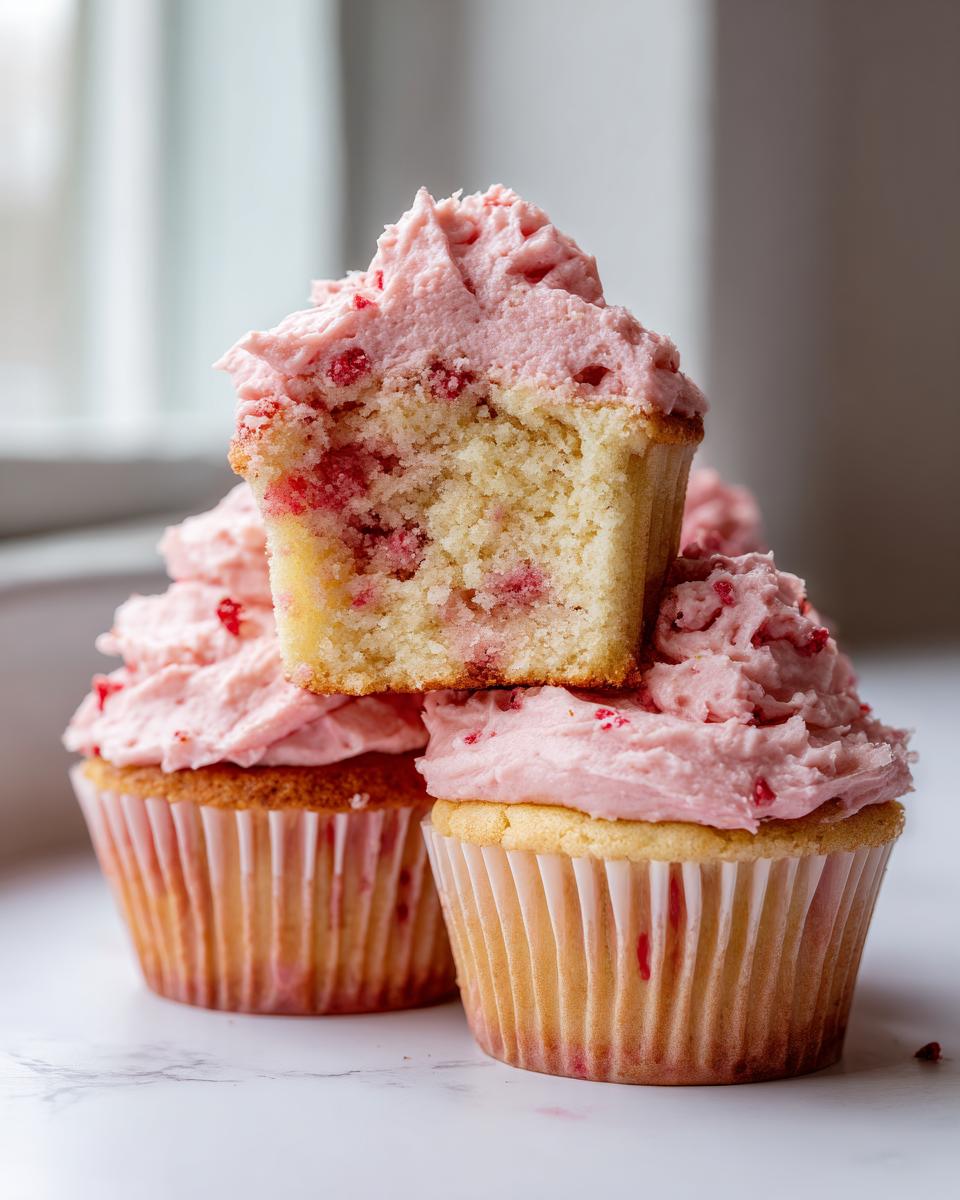 Close-up of three strawberry cupcakes stacked, one cut in half showing the moist cake and pink frosting.