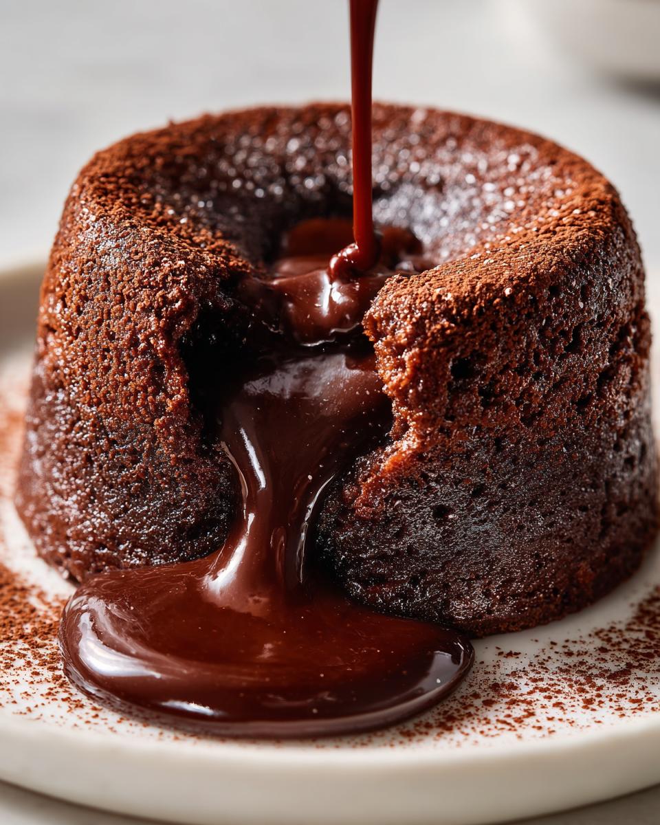 Close-up of a warm chocolate lava cake with molten center flowing out, dusted with cocoa powder.