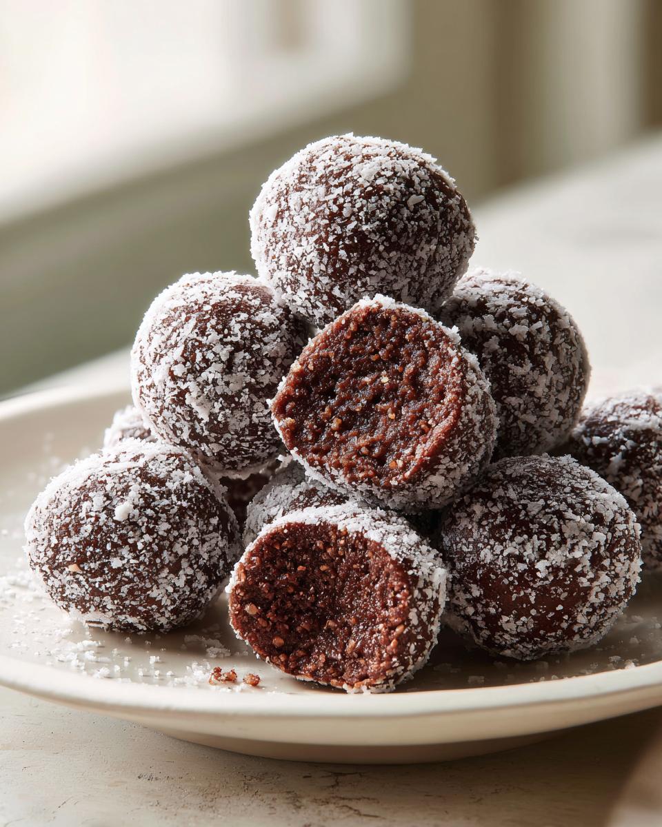 A stack of rich chocolate bourbon balls rolled in shredded coconut, with one cut in half showing the dense interior.