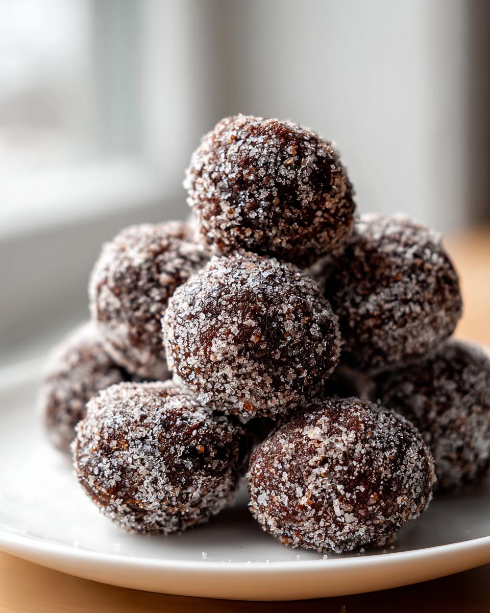 A close-up stack of dark, rich bourbon balls generously rolled in granulated sugar.